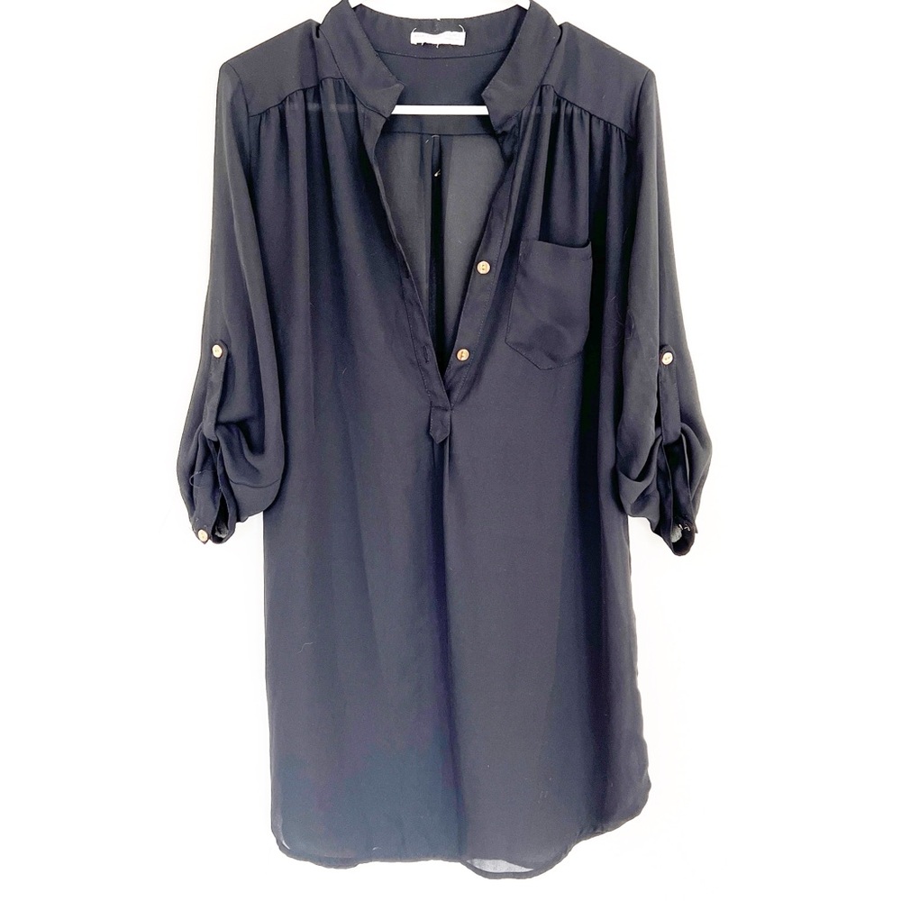Agaci All Black Sheer Long Shirt Blouse Medium Gold Button Detail Quiet Luxury